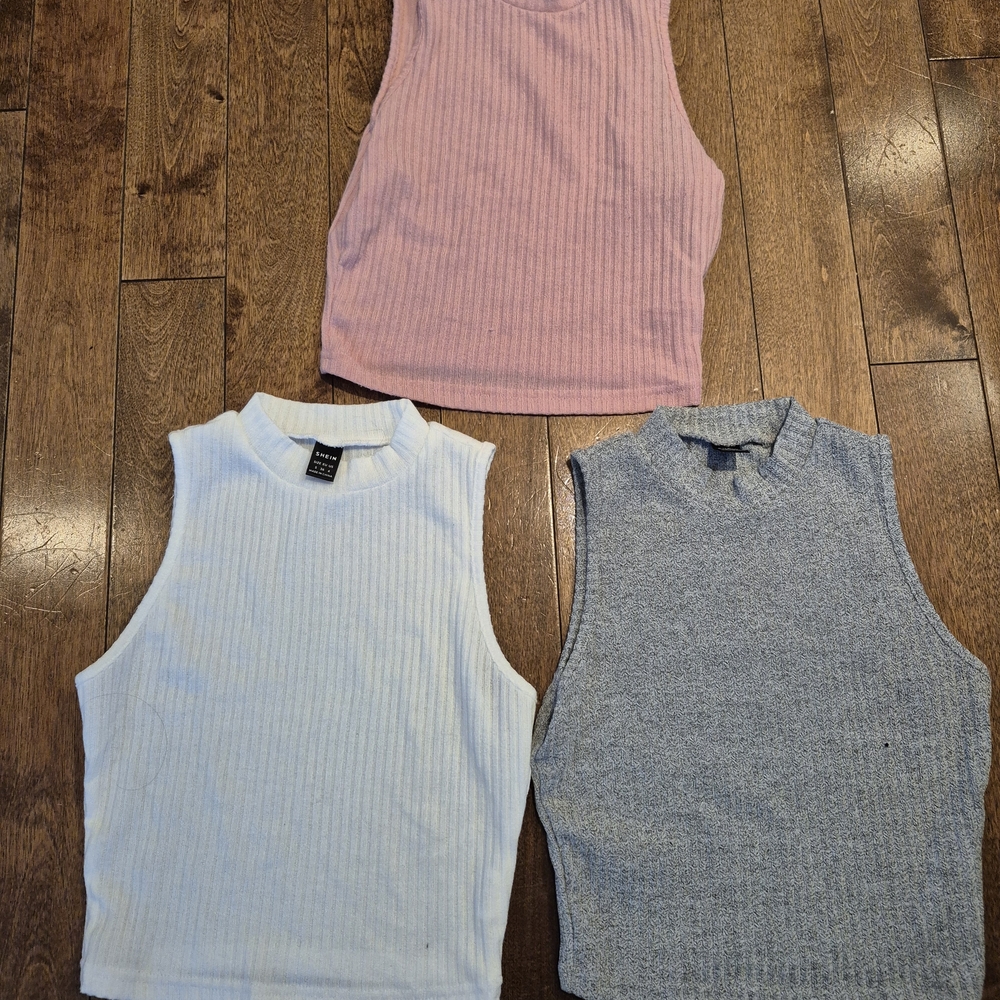 SHEIN Ribbed Cropped Tank Tops - Pink, White & Heather Gray